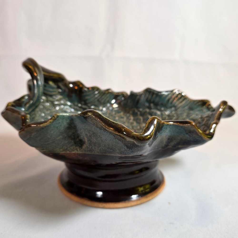 Handmade Studio Pottery Teal Brown Textured Pedestal Handle Bowl Artisan Signed - Picture 2 of 10